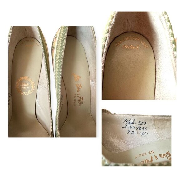 Vintage I. Miller Pumps 7.5B –Green Pearlized Leather & Floral Tapestry, 1950s - Picture 9 of 15